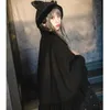 Lolita mulheres grossas manto de inverno quente coelho / gato orelha encapuçado poncho casaco adorável outwear com bainha de plissado e bolsos de forma de coração preto branco