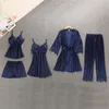 Höst Satin Pyjamas Set för kvinnor Elegant 5PCs Sleepwear Kvinna Sexiga Underkläder Lace Top Silk Passit