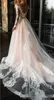 Fard à joues rose robes de mariée 2020 Une ligne les plus récents Applique dentelle à encolure dégagée longues manches Illusion balayage train robe de mariage Robe de novia