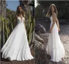 2020 A Line Spaghetti V Neck Backless Chiffon Bridal Gowns Boho Lace Appliqued Wedding Dress Asaf Dadush Beach Bohemia Bridal Dresses