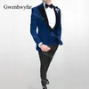 Gwenhwyfar Peacock Blue Groomsmen Peak Black Velvet Revers Groom Tuxedos Hommes Costumes Mariage Best Man Blazer set (Veste + Pantalon + Gilet)