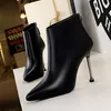 Venda quente-apontada êxteo sexy saltos altos tornozle botas para mulheres outono primavera moda festa vestido fino calcanhar botas curtas sapatos