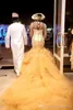 Afrikanische nigerianische Stile Gold Meerjungfrau Brautkleider mit langen Ärmeln Perlen Sweep Zug Plus Size Braut Party Kleider Vestidos De201g