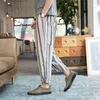 Summer Elastic Waist Men Baggy Pants Loose Cotton Linen Wide Legs Stripe Print Drop Crotch Heren Joggers Plus Size 3Xl Ds50154