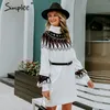 Geometric print knitted dress women Casual turtle neck pullover sweater dress female Autumn winter retro white vestidos