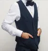 Herringbone azul Noivo Coletes Com Cadeias Single breasted Noivo Colete De Lã Slim Fit Dois Bolsos Melhor Homem Colete Para O Casamento