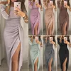 UK Womens Cocktail Party Long Sleeve BodyCon Clubwear Long Split Dress Size Sexy Night Club Fashionable Set Auger Round Collar Win6492502