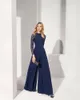 Sexy Navy Evening Mother Of the Bride Jumpsuits Pant suits Long Lace Sleeves Beaded Ribbon Hollow Back 2020 Prom Party Cocktail Dress