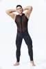 New Design Men Faux Leather Jumpsuit Sexy Mesh Stretch Catsuit Sleeveless See Through Bodysuit Male Zipper Open Crotch Clubwear307e