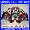 Lichaam + tank voor HONDA CBR 600 FS F3 CBR600RR CBR 600F3 97 98 290HM.0 CBR600 F3 97 98 CBR600FS CBR600F3 1997 1998 Verkleizilver Zilverachtig Rood Zwart