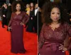 2019 Ny Oprah Winfrey Burgundy Långärmade Sexiga Mamma Brudklänningar V-Neck Sheer Lace Shaath Plus Size Celebrity Red Carpet Grows