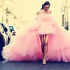 2020 New Sexy Fashion Pink Prom Dresses Strapless Sleeveless Tulle High Low Tiered Ball Gown Formal Party Dress Celebrity Evening Gowns