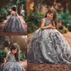 Girls Pageant Vestidos Prata Cinzento Espaguete Correias Renda Lace Applique Grânulos 3D Floral Ruffy Crianças Flor Meninas Dress Vestidos De Aniversário