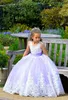 Prachtige prinses lavendel bloemjurken mouwloze juweel nek kanten appliques bal jurk lange meisjes optocht kinderen brithdday jurken