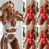 Conjuntos exóticos de calcinha e farelo feminino sexy 3 peças Lingerie feminina Babydoll Roupa de dormir fio dental de renda vermelho BRANCO