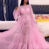 Sexy Pink See Through A-line Long Prom Dresses bateau tulle ruched With Puffy Full Sleeves Pleated Prom Gowns Party Dresses evening gowns