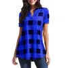 Blouses European style plaid print V-neck short-sleeved loose shirt white red green royal blue support mixed batch