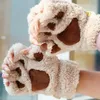 Guantes con garra de felpa para mujer, manoplas suaves de felpa para Halloween, medio cubierto, sin dedos, oso esponjoso y gato, novedad