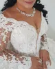 V Neck Luxurious Lace Ball Gown Applique Beaded Long Sleeves Sweep Train Dresses Pleats Wedding Dress Bridal Gowns s