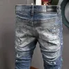 Stretch Design Denim Jeans Biker Fit For Mens Slim Painted Patch Trim Leg Cowboy Pants Male