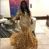 ゴールドブラックガールズアフリカのウエディングドレス2020 Vネックスパンコールアップリケ長袖ローズフローラルスカートスペシャルイケクトガウンパーティードレス