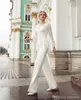 Weiße Vintage-Hose für die Mutter der Braut und Bräutigam, formelles Mutter-Anlass-Kleid, Spitzenoberteil, langärmeliger Mutter-Abend-Party-Overall