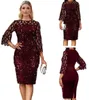 Kvinnor Casual O-Neck Print Långärmad Bodycon Party Long Dress Ladies Sexy Sequin Clubwear Dresses