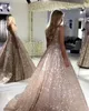 Expensive Rose Gold Sequined Prom Evening Dresses Sexy V-neck V Open Back Empire Waist Bling Party Dress For Special Occasion Long