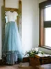 2020 HighNeck A Line Soft Tulle Cap Sleeves Backless Light Blue Skirts Plus Size Bohemian Bridal Gown Fairy Beach Boho Lace Weddi2932256