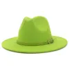 Mode Lime Vert Ceinture Boucle Décor Laine Artificielle Feutre Jazz Fedora Chapeaux Femmes Hommes Plat Large Bord Panama Cowboy Cap L XL290O