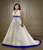Vintage White and Royal Blue Satin A Line Wedding Gowns Halter Neck Open Back Lace Up Court Custom Made Embroidery Wedding Bridal 271B
