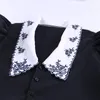 Instahot Embroidery Floral Blouse Peter Pan Collar Puffスリーブエレガントなビンテージシャツレディースボタン半袖ブラウス女性