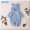 Ins Boyboy Romper Infant Girls Pompon Bear Hear Hooded Long Sleeve Jumpsuits新生児子供編みセーター