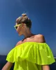 KGFIGU femmes slash cou mini robe 2019 été à volants manches néon vert coton Vintage vacances plage courte femme vestidos