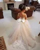 Illusion manches longues fille fille robes de fille de mariage mignon gros noeud dentelle applique princesse filles pageant robe bambin robe formelle