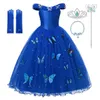 Princess Cinderella blue Dress Up Clothes Girl Off Shoulder Pageant Ball Gown Kids Deluxe Fluffy Bead Halloween Party Costume One Shipping1