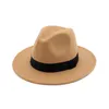 QIUBOSS Trend Unisex Wool Felt Jazz Fedora Hats Casual Men Women Ribbon Band Wide Brim Felt Hat Panama Trilby Formal Party Cap Y200110