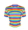 2020 Fashion New Women's Rainbow Pattern Letters Digital Print Långärmad tröja T-tröja O Neck Sexig Crop Top Streetwear