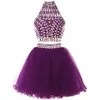 Kısa İki Parça Prom Elbiseleri 2021 Rhinestone Kristal Boncuklu Tatlı 16 Elbise Yular Junior Tül Tül Homecoming Mezuniyet Elbise204E