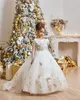 Hübsche Blumenmädchenkleider mit Rüschenapplikationen, Tüll, Ballkleid, bodenlang, Festzugkleid für kleine Mädchen für die Hochzeit mit Schleifenschärpen