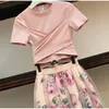 Camiseta feminina com estampa floral + saia de malha ternos com laço vintage conjuntos de duas peças elegante mulher saia 2019 verão menina camisetas tops feminino1