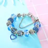 YHAMNI Original Solid 925 Silver Blue Charm Bracelet Bangle with Love and Flower Crystal Beads Safety Chain Bracelet For Women HB04457321