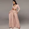 Kobiety Dzianiny 3 Sztuka Zestaw Spaghetti Pasek Crop Top High Waist Spodnie Długi Rękaw Sertigan Płaszcze Garnitury Pas Jesień Streetwear