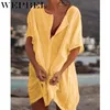 Wepbel Womens Fashion Summer Kurzarm Lange Blusen lässig losen losen Farben Plus Größe Strand tragen Coverup Short Leinenbluse T8131851