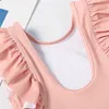 Baby Girls Bikinis Outfits Kids Ruffled Romper Swimwear Romper + Hat 2pcs/set Summer 2 Colors Girl One-piece Swimsuit Beach Clothing M1877