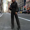 New Women Autumn Elegant Fashion Slim Fit Solid Skinny Casual Overalls Office Look Work Lantern Sleeve Mock Neck Jumpsuits290A