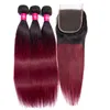 1B / 99J cabelo humano reto brasileiro com fechamento ombre Borgonha pacotes de cabelo reto com fecho de renda 4x4 gagaqueen