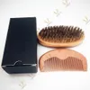 MOQ 100 Sets Custom LOGO Beard Mustache Grooming Kits Beards Brush and Peach Wood Comb Suit With Printed LOGOs on Box