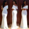 Elegant White Mermaid Evening Dresses Short Sleeves Off the Shoulder V Neck Sweep Train Sheath Piping Formal Occasion Wear Prom Party Gown