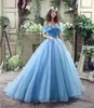 Aqua Quinceanera Dresses Princess Ball Gowns 실제 이미지 오프 어깨 레이스 업 뒤 전체 길이 16 여자 댄스 가운 스톡 커스텀 6537016